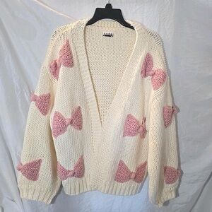ARULA Cream Open Knit Cardigan with Pink Bow Accents